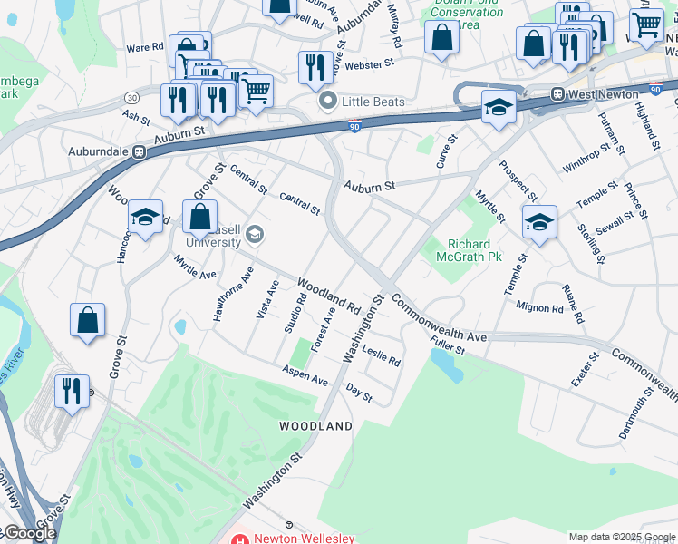 map of restaurants, bars, coffee shops, grocery stores, and more near 1816 Commonwealth Avenue in Newton