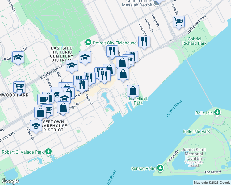 map of restaurants, bars, coffee shops, grocery stores, and more near 250 East Harbortown Drive in Detroit