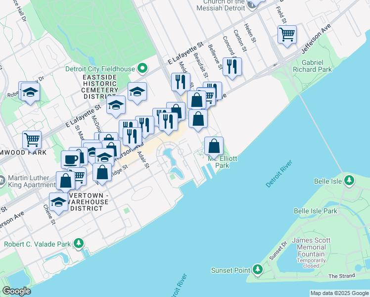 map of restaurants, bars, coffee shops, grocery stores, and more near 250 East Harbortown Drive in Detroit