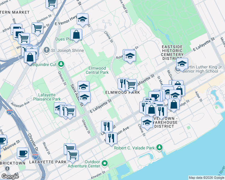 map of restaurants, bars, coffee shops, grocery stores, and more near 1071 Chene in Detroit