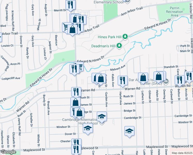 map of restaurants, bars, coffee shops, grocery stores, and more near 7448 Central Street in Westland