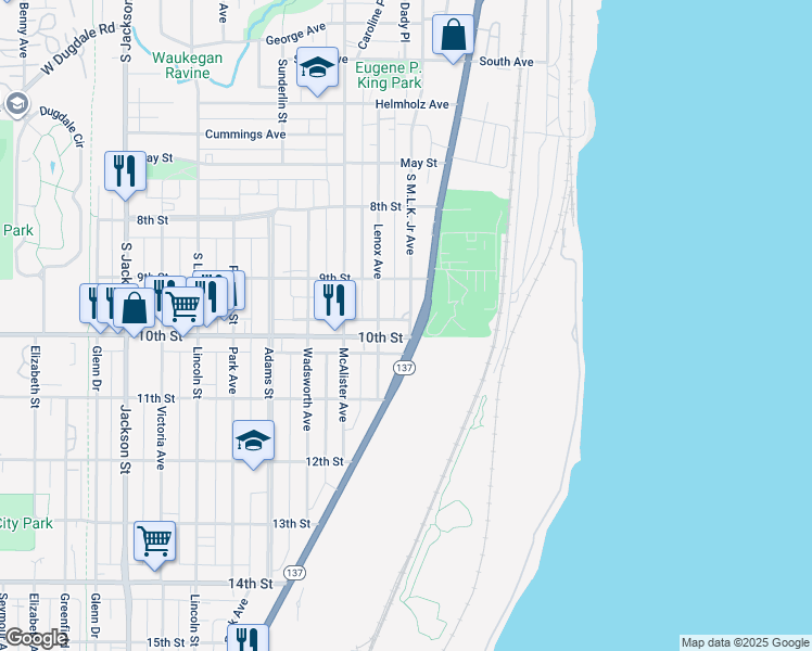 map of restaurants, bars, coffee shops, grocery stores, and more near 932 South Martin Luther King Junior Avenue in Waukegan