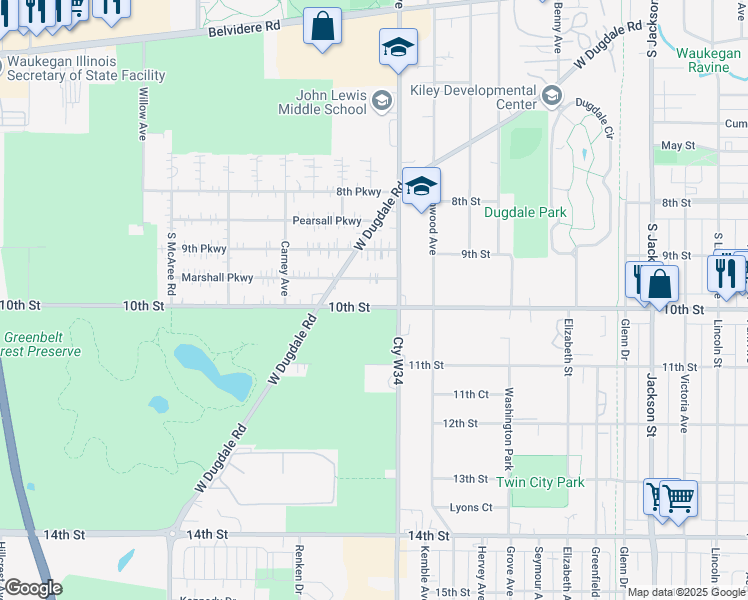 map of restaurants, bars, coffee shops, grocery stores, and more near 1913 Marshall Parkway in Waukegan