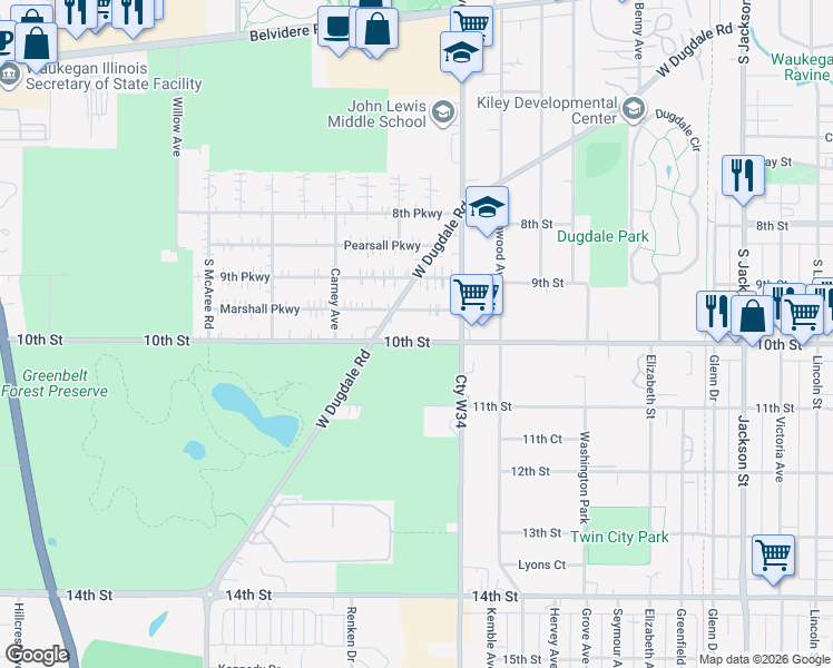 map of restaurants, bars, coffee shops, grocery stores, and more near 2021 Marshall Parkway in Waukegan