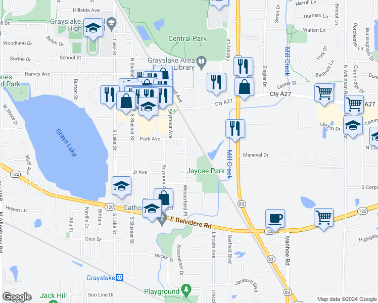 map of restaurants, bars, coffee shops, grocery stores, and more near 381 Park Avenue in Grayslake