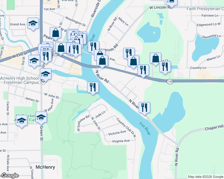 map of restaurants, bars, coffee shops, grocery stores, and more near 1013 North River Road in McHenry