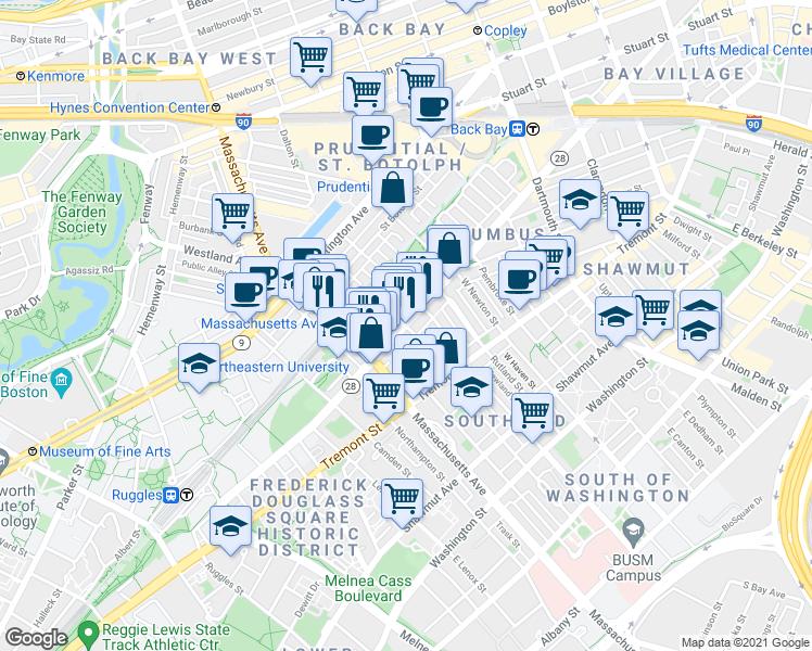 map of restaurants, bars, coffee shops, grocery stores, and more near Columbus Avenue & Worcester Street in Boston