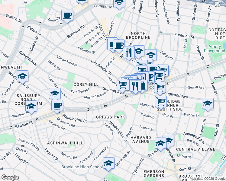 map of restaurants, bars, coffee shops, grocery stores, and more near Summit Ave & Short St in Brookline