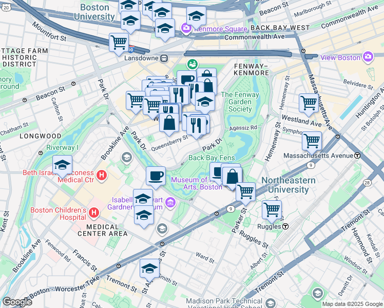 map of restaurants, bars, coffee shops, grocery stores, and more near 111 Park Drive in Boston