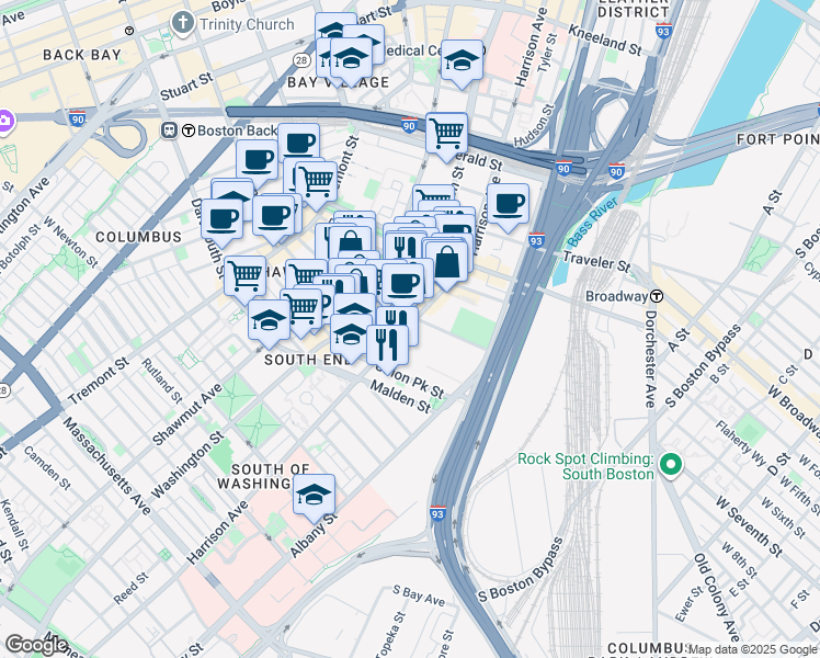 map of restaurants, bars, coffee shops, grocery stores, and more near 485 Harrison Avenue in Boston