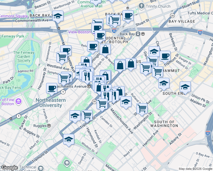 map of restaurants, bars, coffee shops, grocery stores, and more near 525 A Columbus Avenue in Boston