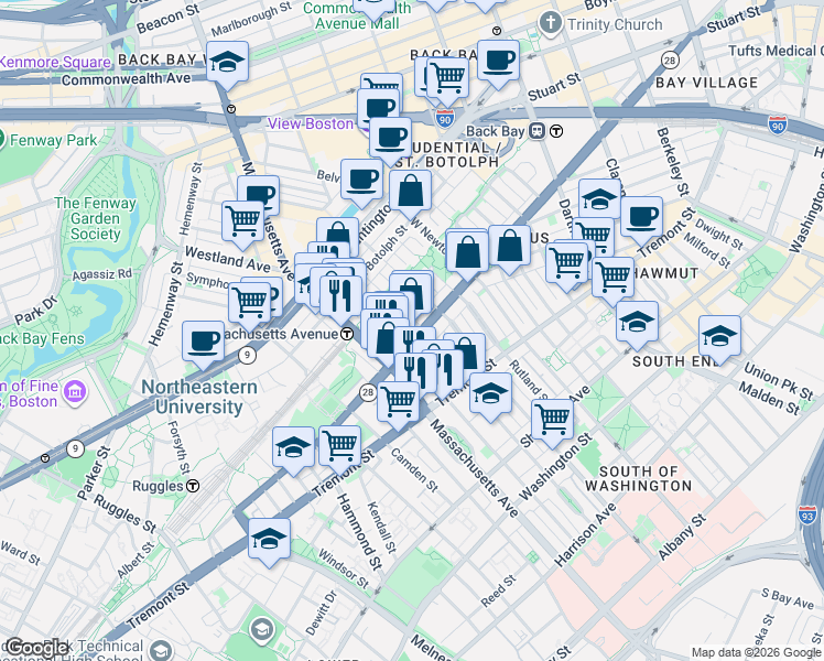 map of restaurants, bars, coffee shops, grocery stores, and more near 525 A Columbus Avenue in Boston