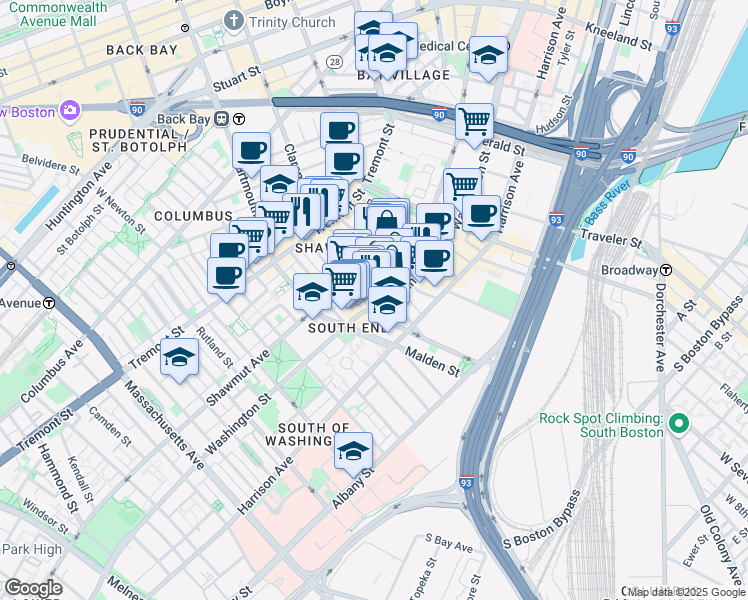 map of restaurants, bars, coffee shops, grocery stores, and more near in Boston