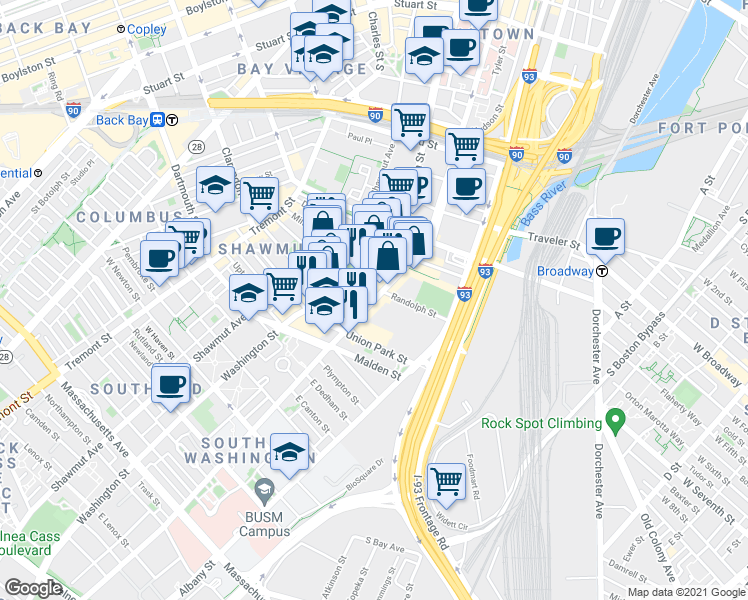 map of restaurants, bars, coffee shops, grocery stores, and more near Harrison Ave & Savoy St in Boston