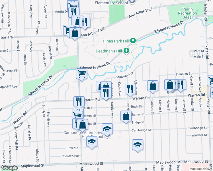 map of restaurants, bars, coffee shops, grocery stores, and more near 7448 Central Street in Westland
