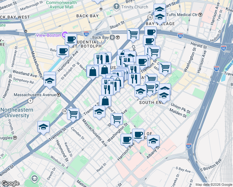 map of restaurants, bars, coffee shops, grocery stores, and more near 658 Tremont Street in Boston