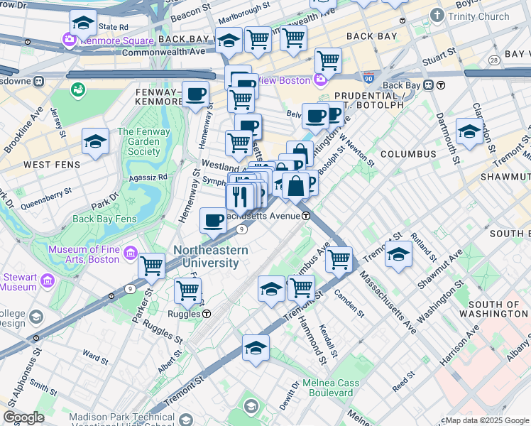 map of restaurants, bars, coffee shops, grocery stores, and more near in Boston