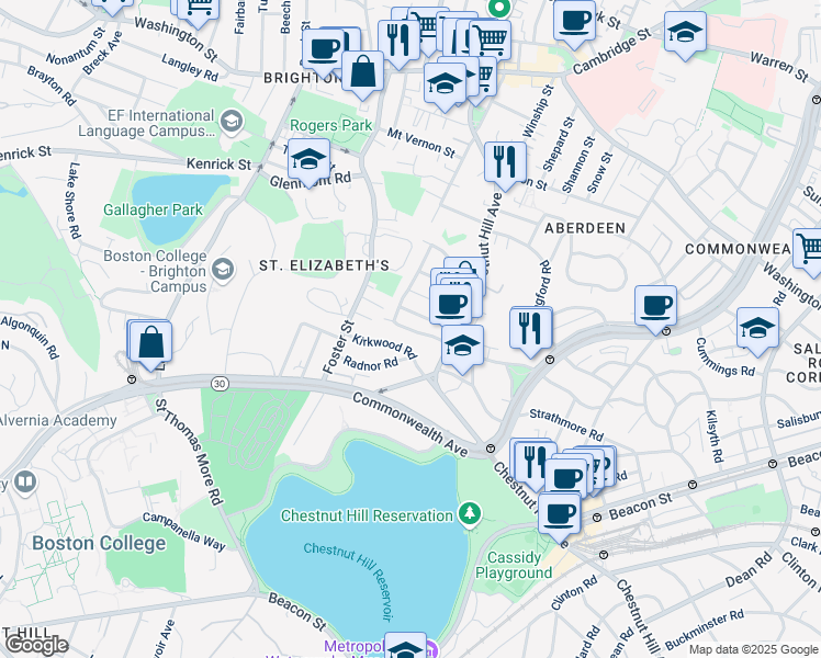 map of restaurants, bars, coffee shops, grocery stores, and more near 201 Chiswick Road in Boston