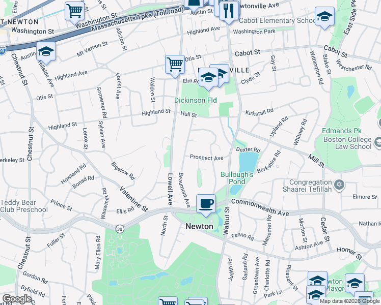 map of restaurants, bars, coffee shops, grocery stores, and more near 66 Beaumont Avenue in Newton