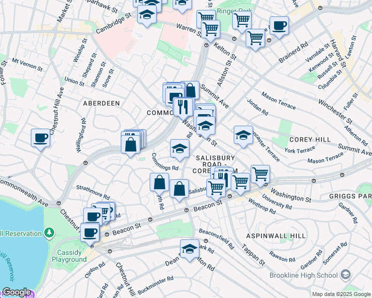 map of restaurants, bars, coffee shops, grocery stores, and more near 19 Mount Hood Road in Boston