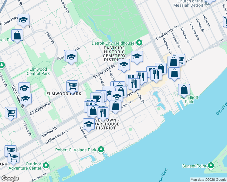 map of restaurants, bars, coffee shops, grocery stores, and more near 3151 Larned Street in Detroit
