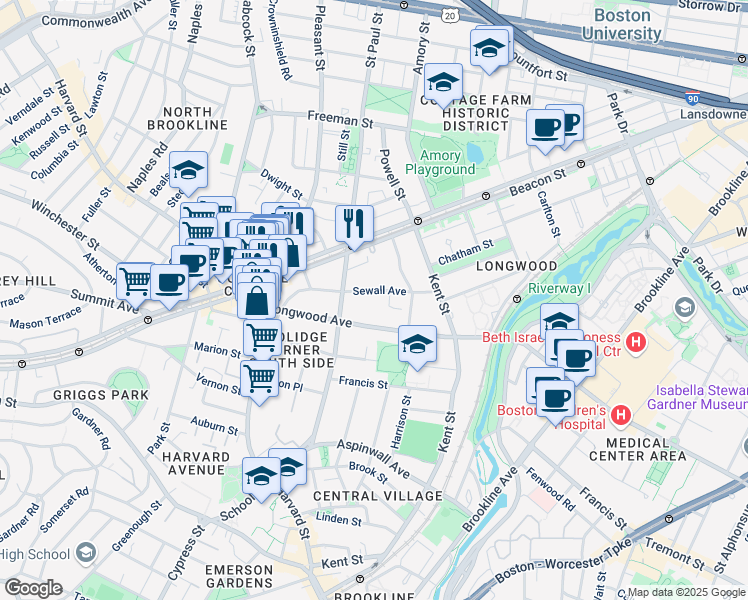 map of restaurants, bars, coffee shops, grocery stores, and more near 102 Sewall Avenue in Brookline