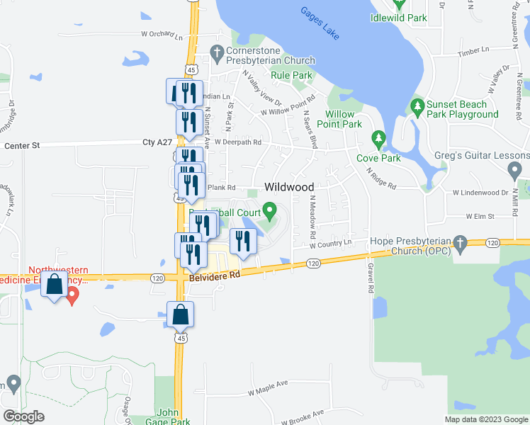 map of restaurants, bars, coffee shops, grocery stores, and more near 1921 Country Drive in Grayslake