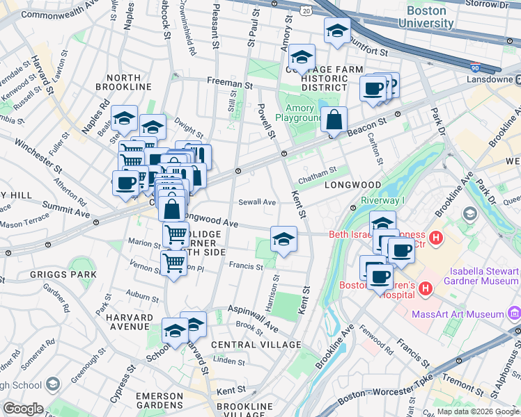 map of restaurants, bars, coffee shops, grocery stores, and more near 138 Sewall Avenue in Brookline