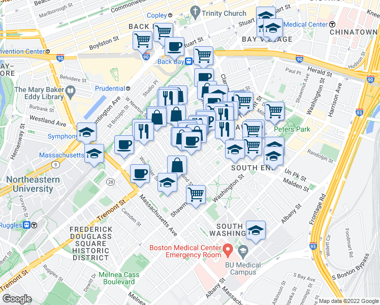 map of restaurants, bars, coffee shops, grocery stores, and more near Tremont Street & Pembroke Street in Boston