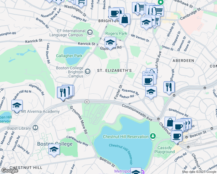 map of restaurants, bars, coffee shops, grocery stores, and more near 30 Greycliff Road in Boston