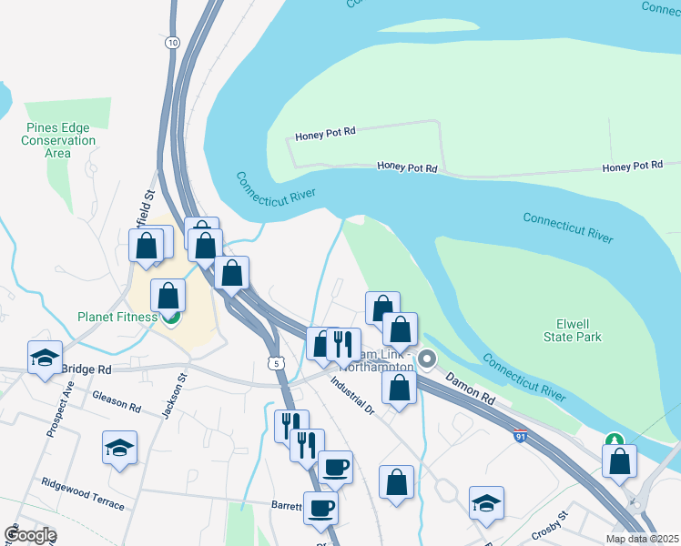 map of restaurants, bars, coffee shops, grocery stores, and more near 80 Damon Road in Northampton