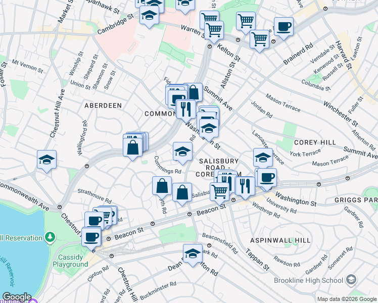 map of restaurants, bars, coffee shops, grocery stores, and more near 19 Mount Hood Road in Boston