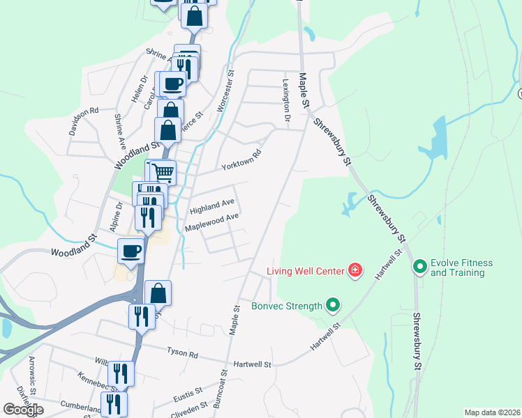 map of restaurants, bars, coffee shops, grocery stores, and more near 258 Maple Street in West Boylston