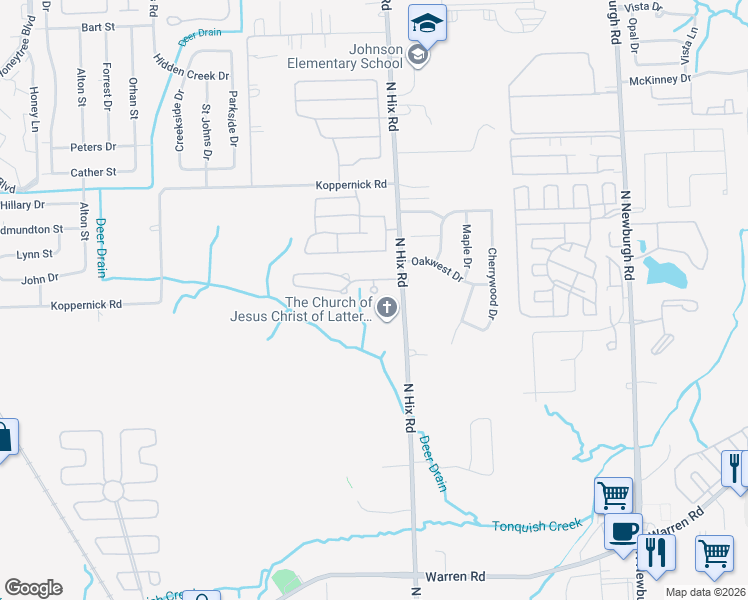 map of restaurants, bars, coffee shops, grocery stores, and more near 7555 Alma Court in Westland
