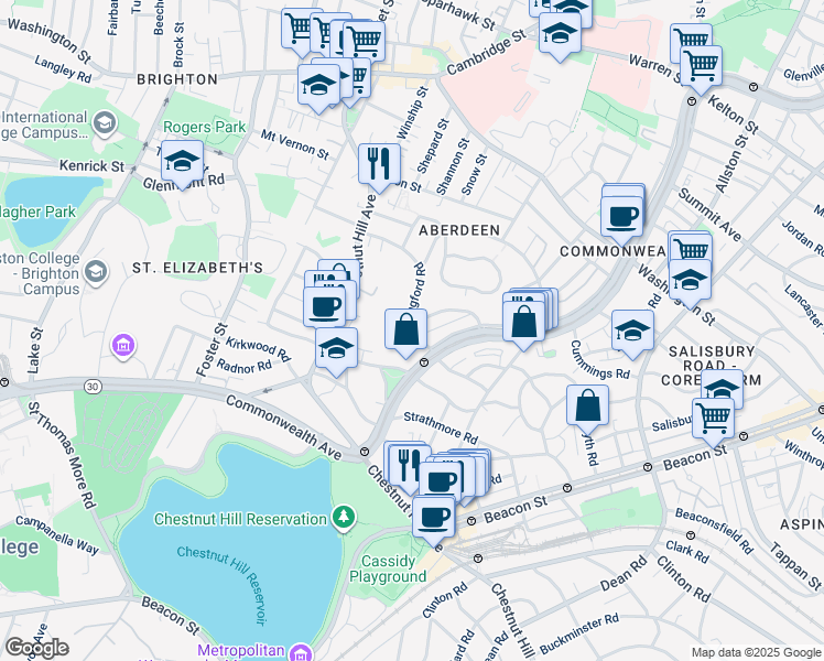 map of restaurants, bars, coffee shops, grocery stores, and more near 19 Wallingford Road in Boston