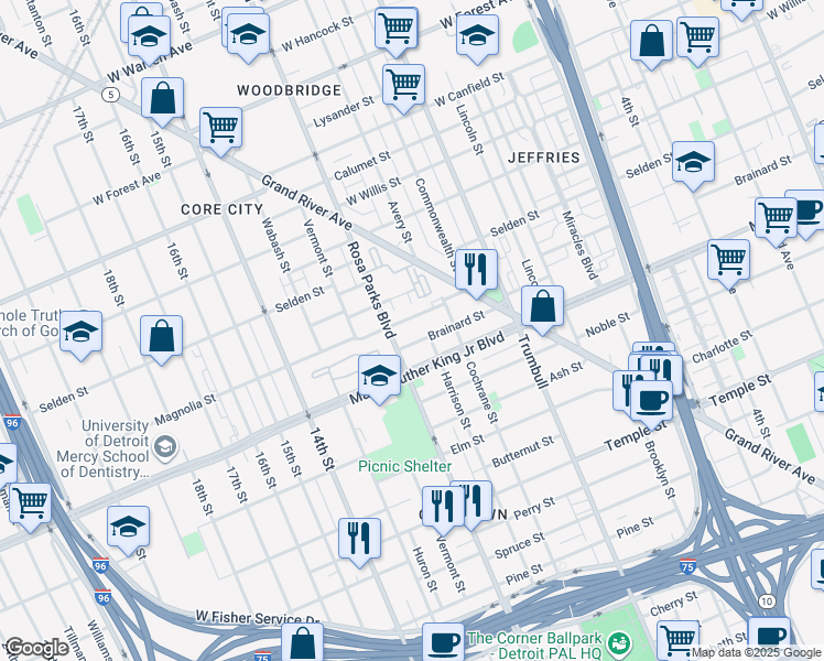 map of restaurants, bars, coffee shops, grocery stores, and more near 1830 Magnolia Street in Detroit