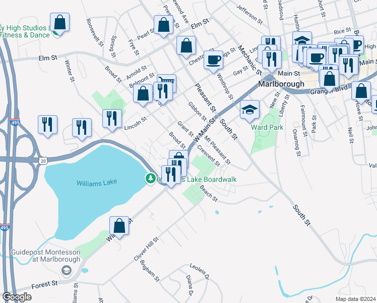 map of restaurants, bars, coffee shops, grocery stores, and more near 4 Broad Street in Marlborough