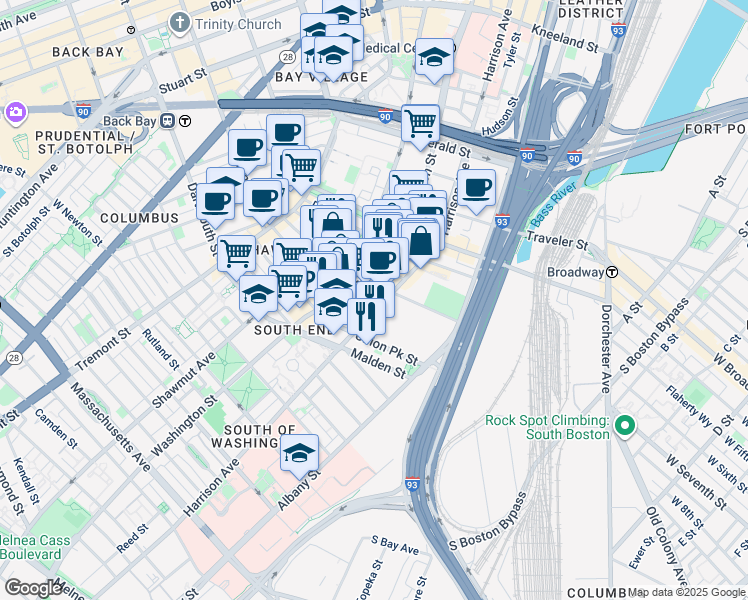 map of restaurants, bars, coffee shops, grocery stores, and more near 2 Rollins Street in Boston