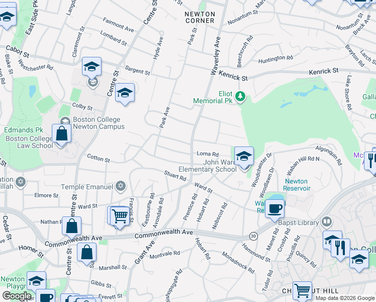 map of restaurants, bars, coffee shops, grocery stores, and more near 421 Waverley Avenue in Newton