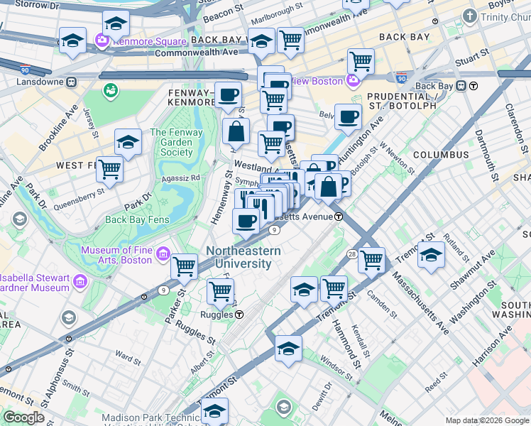 map of restaurants, bars, coffee shops, grocery stores, and more near St Stephen St in Boston