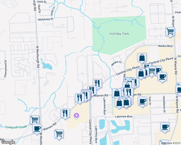map of restaurants, bars, coffee shops, grocery stores, and more near 7362 Manor Circle in Westland
