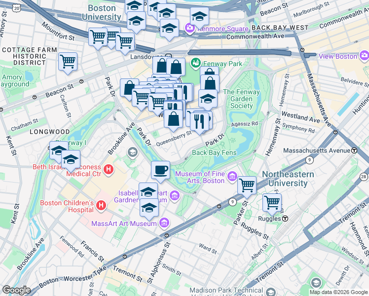 map of restaurants, bars, coffee shops, grocery stores, and more near 58 Queensberry Street in Boston