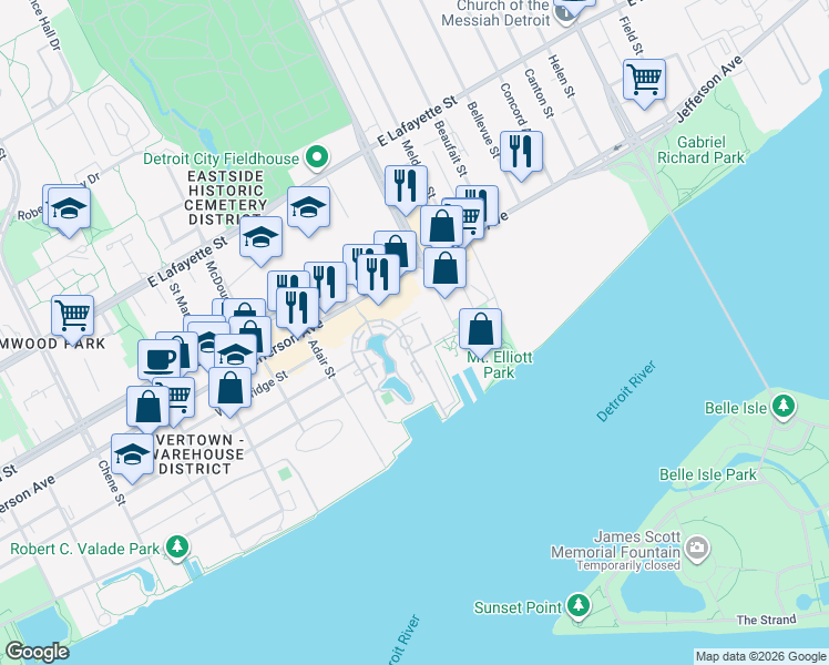 map of restaurants, bars, coffee shops, grocery stores, and more near 250 East Harbortown Drive in Detroit