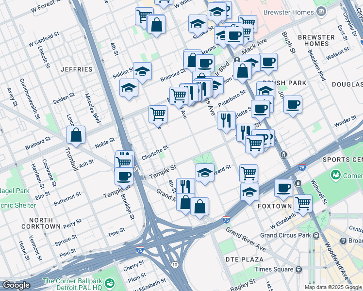 map of restaurants, bars, coffee shops, grocery stores, and more near 661 Charlotte Street in Detroit