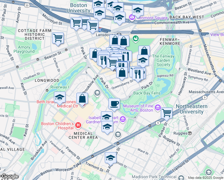 map of restaurants, bars, coffee shops, grocery stores, and more near 211 Park Drive in Boston