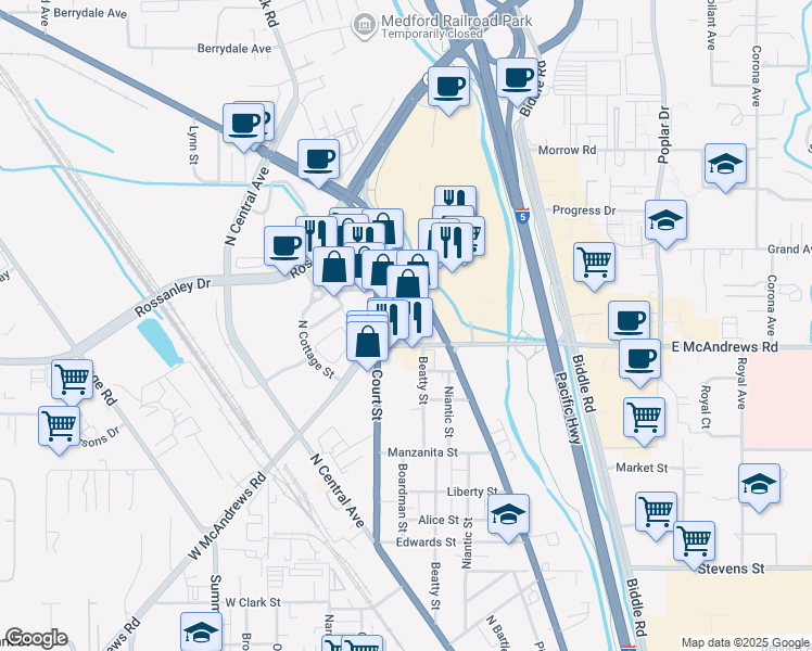 map of restaurants, bars, coffee shops, grocery stores, and more near 1097 Beatty Street in Medford
