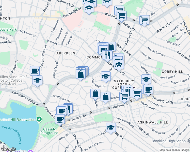 map of restaurants, bars, coffee shops, grocery stores, and more near 1662 Commonwealth Avenue in Boston