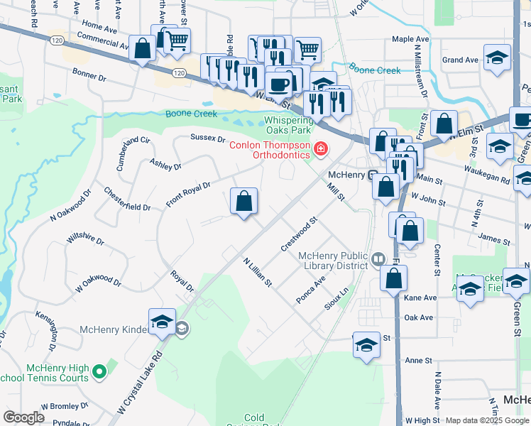 map of restaurants, bars, coffee shops, grocery stores, and more near 4216 West Crystal Lake Road in McHenry