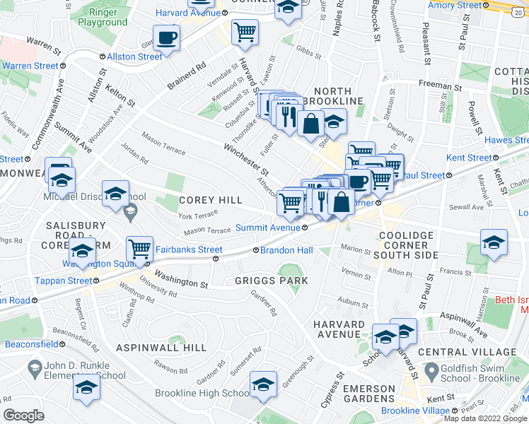 map of restaurants, bars, coffee shops, grocery stores, and more near Summit Avenue & Mason Terrace in Brookline