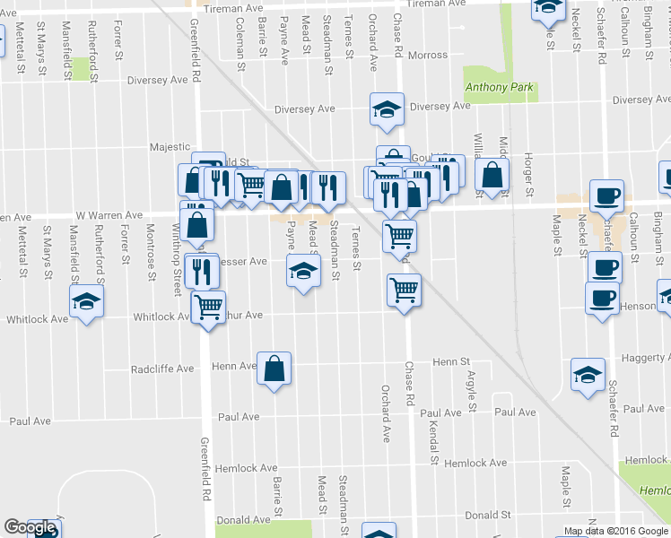 map of restaurants, bars, coffee shops, grocery stores, and more near 6955 Steadman Street in Dearborn